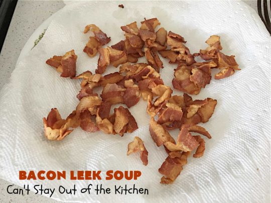 Bacon Leek Soup | Can't Stay Out of the Kitchen | This savory & scrumptious #soup includes #bacon, #leeks, #potatoes & #celery. It's flavored deliciously & wonderful as a comfort food meal with homemade bread. Warm yourself up with this tasty & easy soup #recipe. #GlutenFree #BaconLeekSoup