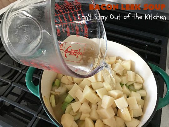 Bacon Leek Soup | Can't Stay Out of the Kitchen | This savory & scrumptious #soup includes #bacon, #leeks, #potatoes & #celery. It's flavored deliciously & wonderful as a comfort food meal with homemade bread. Warm yourself up with this tasty & easy soup #recipe. #GlutenFree #BaconLeekSoup