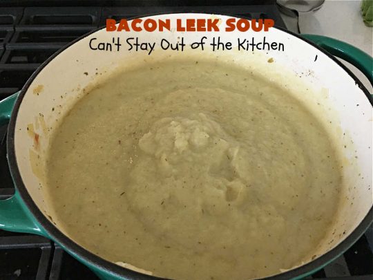 Bacon Leek Soup | Can't Stay Out of the Kitchen | This savory & scrumptious #soup includes #bacon, #leeks, #potatoes & #celery. It's flavored deliciously & wonderful as a comfort food meal with homemade bread. Warm yourself up with this tasty & easy soup #recipe. #GlutenFree #BaconLeekSoup