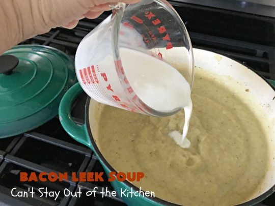 Bacon Leek Soup | Can't Stay Out of the Kitchen | This savory & scrumptious #soup includes #bacon, #leeks, #potatoes & #celery. It's flavored deliciously & wonderful as a comfort food meal with homemade bread. Warm yourself up with this tasty & easy soup #recipe. #GlutenFree #BaconLeekSoup