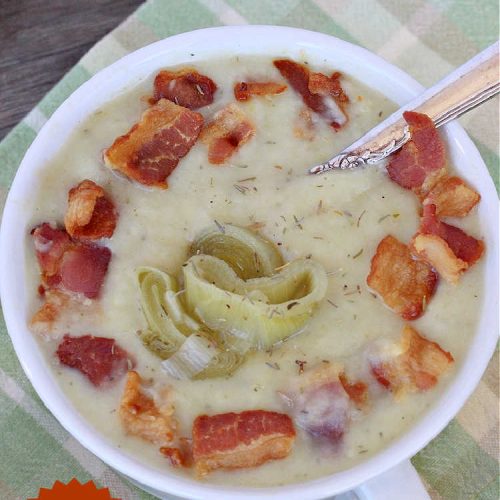 Bacon Leek Soup | Can't Stay Out of the Kitchen | This savory & scrumptious #soup includes #bacon, #leeks, #potatoes & #celery. It's flavored deliciously & wonderful as a comfort food meal with homemade bread. Warm yourself up with this tasty & easy soup #recipe. #GlutenFree #BaconLeekSoup