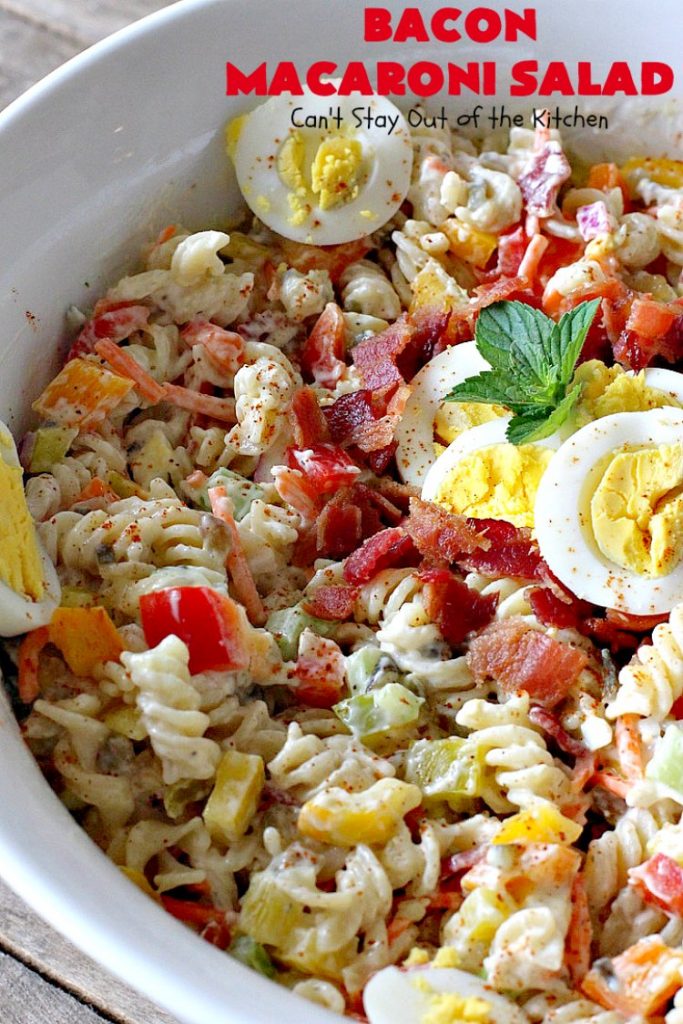 Bacon Macaroni Salad | Can't Stay Out of the Kitchen | this fabulous #macaronisalad is spectacular! It's filled with #bacon, bell peppers, hard-boiled #eggs in a delicious #salad dressing. I used #glutenfree #pasta. Perfect side salad for potlucks & summer #holiday fun like #MemorialDay, #FourthofJuly & #LaborDay.
