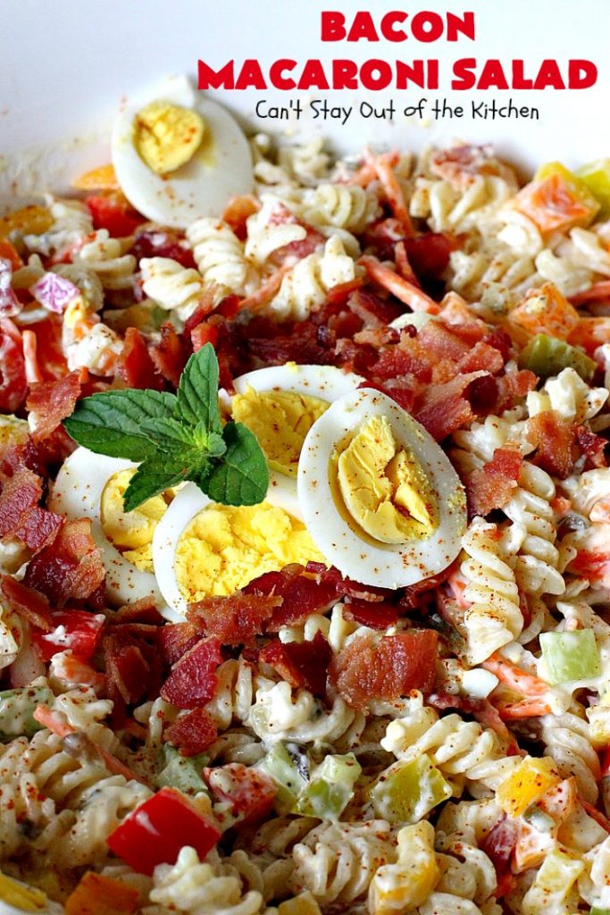 Bacon Macaroni Salad | Can't Stay Out of the Kitchen | this fabulous #macaronisalad is spectacular! It's filled with #bacon, bell peppers, hard-boiled #eggs in a delicious #salad dressing. I used #glutenfree #pasta. Perfect side salad for potlucks & summer #holiday fun like #MemorialDay, #FourthofJuly & #LaborDay.