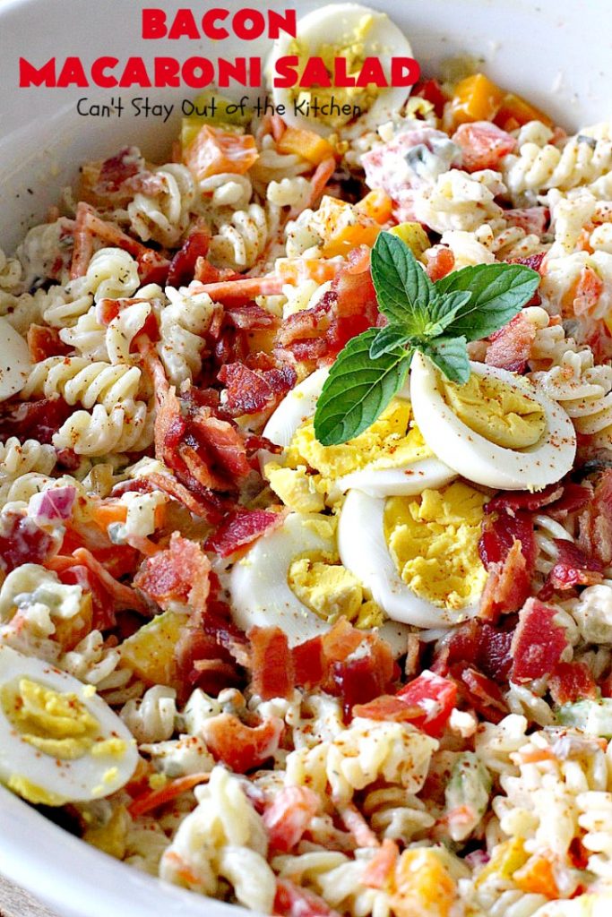 Bacon Macaroni Salad | Can't Stay Out of the Kitchen | this fabulous #macaronisalad is spectacular! It's filled with #bacon, bell peppers, hard-boiled #eggs in a delicious #salad dressing. I used #glutenfree #pasta. Perfect side salad for potlucks & summer #holiday fun like #MemorialDay, #FourthofJuly & #LaborDay.