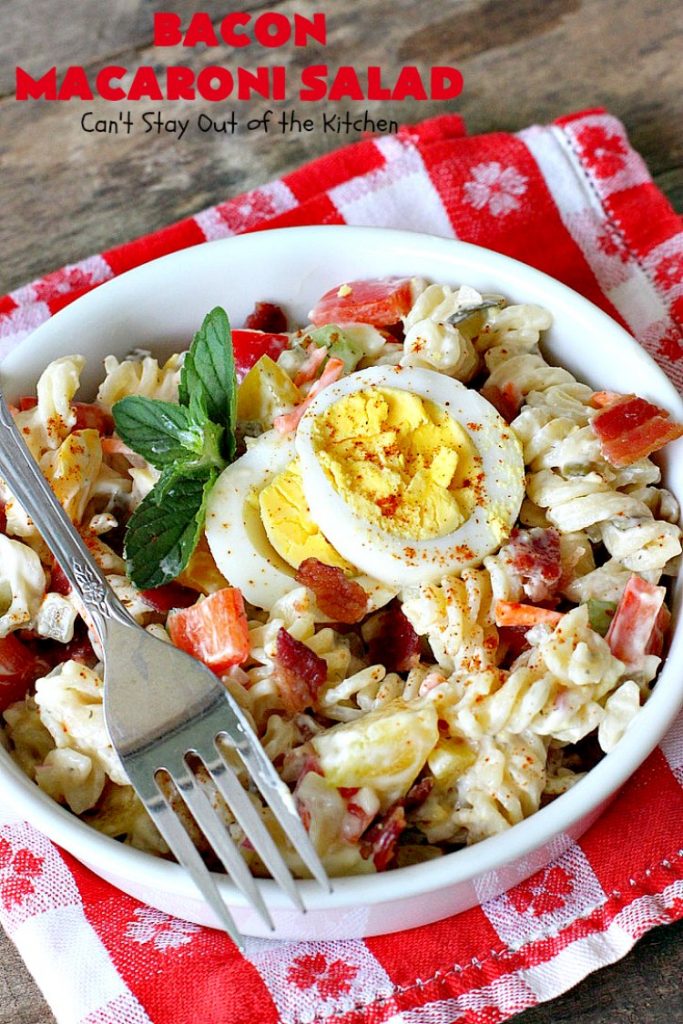 Bacon Macaroni Salad | Can't Stay Out of the Kitchen | this fabulous #macaronisalad is spectacular! It's filled with #bacon, bell peppers, hard-boiled #eggs in a delicious #salad dressing. I used #glutenfree #pasta. Perfect side salad for potlucks & summer #holiday fun like #MemorialDay, #FourthofJuly & #LaborDay.