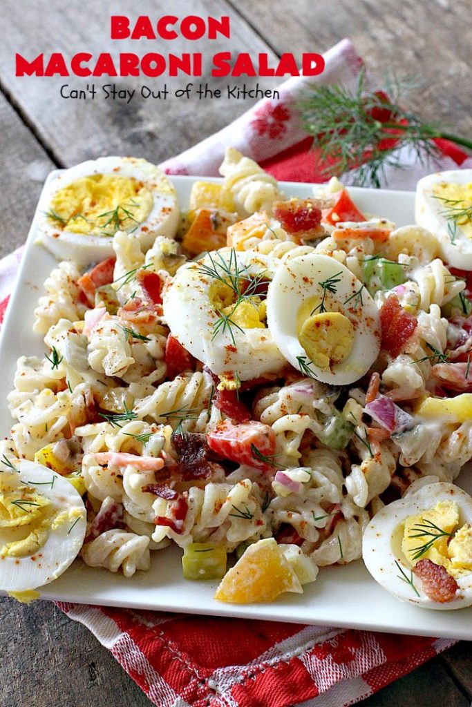 Bacon Macaroni Salad | Can't Stay Out of the Kitchen | this fabulous #macaronisalad is spectacular! It's filled with #bacon, bell peppers, hard-boiled #eggs in a delicious #salad dressing. I used #glutenfree #pasta. Perfect side salad for potlucks & summer #holiday fun like #MemorialDay, #FourthofJuly & #LaborDay.