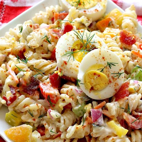 Bacon Macaroni Salad | Can't Stay Out of the Kitchen | this fabulous #macaronisalad is spectacular! It's filled with #bacon, bell peppers, hard-boiled #eggs in a delicious #salad dressing. I used #glutenfree #pasta. Perfect side salad for potlucks & summer #holiday fun like #MemorialDay, #FourthofJuly & #LaborDay.