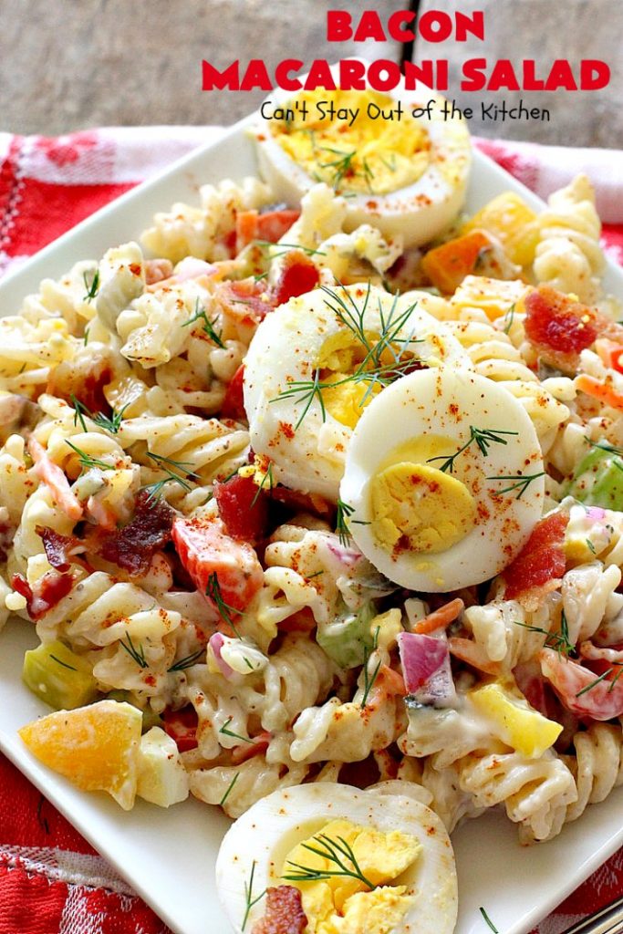 Bacon Macaroni Salad | Can't Stay Out of the Kitchen | this fabulous #macaronisalad is spectacular! It's filled with #bacon, bell peppers, hard-boiled #eggs in a delicious #salad dressing. I used #glutenfree #pasta. Perfect side salad for potlucks & summer #holiday fun like #MemorialDay, #FourthofJuly & #LaborDay.