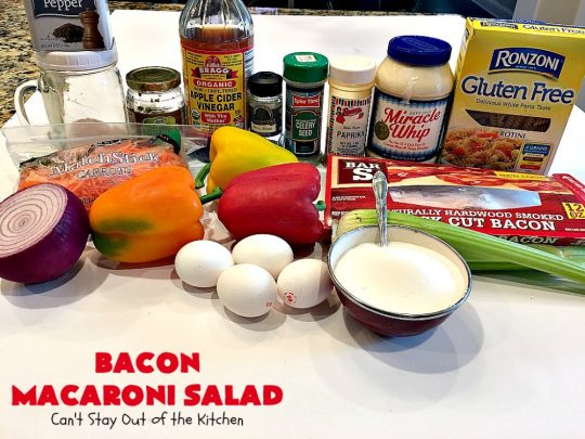 Bacon Macaroni Salad | Can't Stay Out of the Kitchen | this fabulous #macaronisalad is spectacular! It's filled with #bacon, bell peppers, hard-boiled #eggs in a delicious #salad dressing. I used #glutenfree #pasta. Perfect side salad for potlucks & summer #holiday fun like #MemorialDay, #FourthofJuly & #LaborDay.