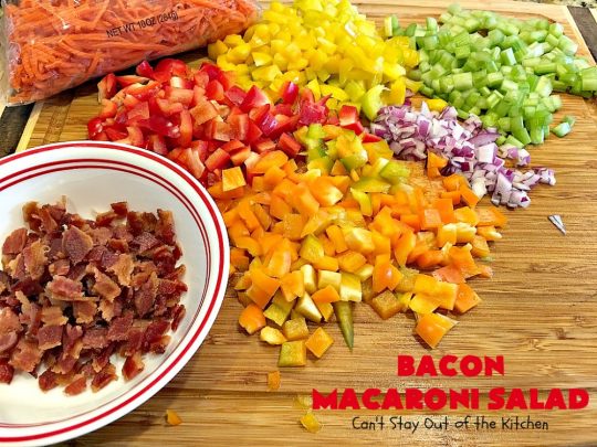 Bacon Macaroni Salad | Can't Stay Out of the Kitchen | this fabulous #macaronisalad is spectacular! It's filled with #bacon, bell peppers, hard-boiled #eggs in a delicious #salad dressing. I used #glutenfree #pasta. Perfect side salad for potlucks & summer #holiday fun like #MemorialDay, #FourthofJuly & #LaborDay.