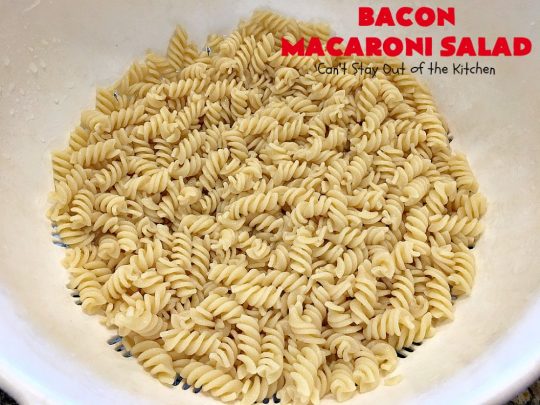 Bacon Macaroni Salad | Can't Stay Out of the Kitchen | this fabulous #macaronisalad is spectacular! It's filled with #bacon, bell peppers, hard-boiled #eggs in a delicious #salad dressing. I used #glutenfree #pasta. Perfect side salad for potlucks & summer #holiday fun like #MemorialDay, #FourthofJuly & #LaborDay.