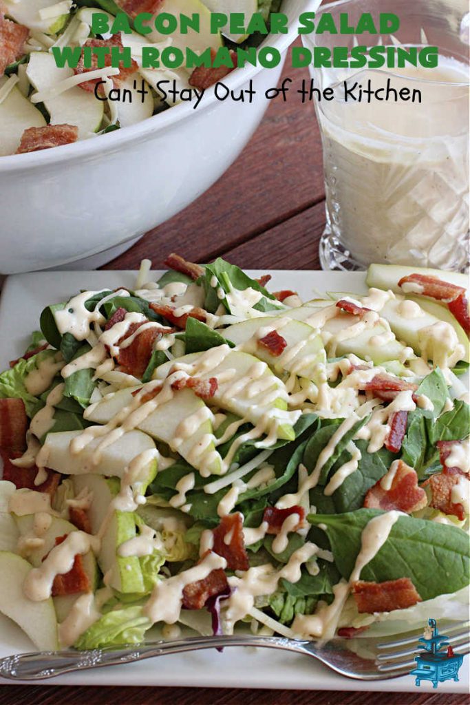 Bacon Pear Salad with Romano Dressing | Can't Stay Out of the Kitchen - this elegant & delicious #salad includes fresh #pears, #bacon & #PepperJackCheese. The #SaladDressing includes #HoneyMustard along with #RomanoCheese. This is a terrific #SideDish for company or #holiday dinners as regular family dinners. One bite and you'll want so much more! #GlutenFree #BaconPearSaladWithRomanoDressing