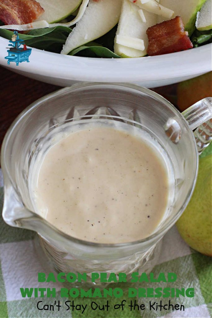 Bacon Pear Salad with Romano Dressing | Can't Stay Out of the Kitchen - this elegant & delicious #salad includes fresh #pears, #bacon & #PepperJackCheese. The #SaladDressing includes #HoneyMustard along with #RomanoCheese. This is a terrific #SideDish for company or #holiday dinners as regular family dinners. One bite and you'll want so much more! #GlutenFree #BaconPearSaladWithRomanoDressing