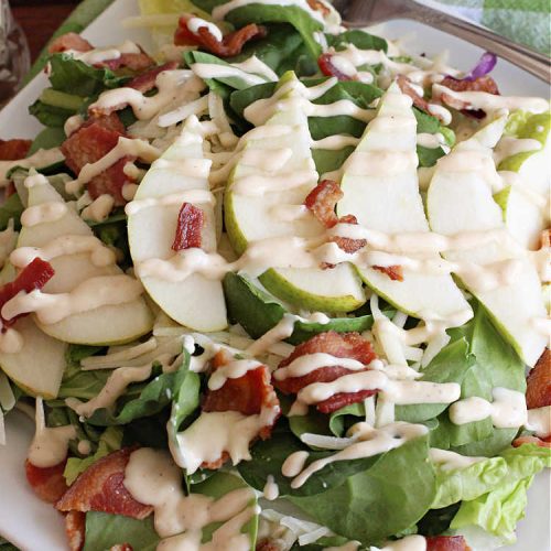 Bacon Pear Salad with Romano Dressing | Can't Stay Out of the Kitchen - this elegant & delicious #salad includes fresh #pears, #bacon & #PepperJackCheese. The #SaladDressing includes #HoneyMustard along with #RomanoCheese. This is a terrific #SideDish for company or #holiday dinners as regular family dinners. One bite and you'll want so much more! #GlutenFree #BaconPearSaladWithRomanoDressing