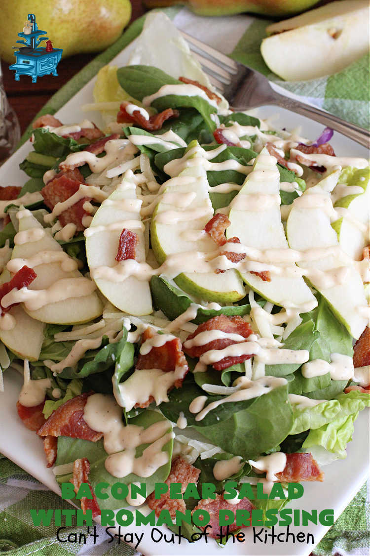 Bacon Pear Salad with Romano Dressing | Can't Stay Out of the Kitchen - this elegant & delicious #salad includes fresh #pears, #bacon & #PepperJackCheese. The #SaladDressing includes #HoneyMustard along with #RomanoCheese. This is a terrific #SideDish for company or #holiday dinners as regular family dinners. One bite and you'll want so much more! #GlutenFree #BaconPearSaladWithRomanoDressing