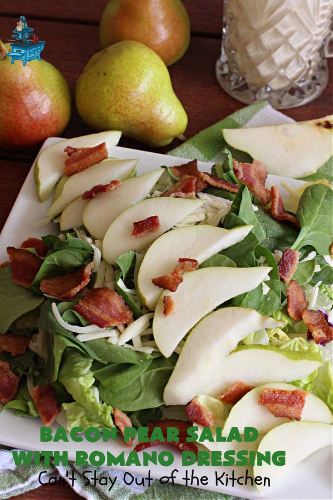 Bacon Pear Salad with Romano Dressing | Can't Stay Out of the Kitchen - this elegant & delicious #salad includes fresh #pears, #bacon & #PepperJackCheese. The #SaladDressing includes #HoneyMustard along with #RomanoCheese. This is a terrific #SideDish for company or #holiday dinners as regular family dinners. One bite and you'll want so much more! #GlutenFree #BaconPearSaladWithRomanoDressing
