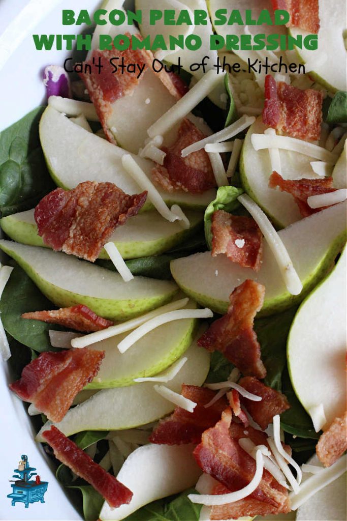 Bacon Pear Salad with Romano Dressing | Can't Stay Out of the Kitchen - this elegant & delicious #salad includes fresh #pears, #bacon & #PepperJackCheese. The #SaladDressing includes #HoneyMustard along with #RomanoCheese. This is a terrific #SideDish for company or #holiday dinners as regular family dinners. One bite and you'll want so much more! #GlutenFree #BaconPearSaladWithRomanoDressing