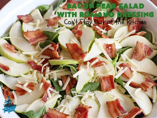 Bacon Pear Salad with Romano Dressing | Can't Stay Out of the Kitchen - this elegant & delicious #salad includes fresh #pears, #bacon & #PepperJackCheese. The #SaladDressing includes #HoneyMustard along with #RomanoCheese. This is a terrific #SideDish for company or #holiday dinners as regular family dinners. One bite and you'll want so much more! #GlutenFree #BaconPearSaladWithRomanoDressing