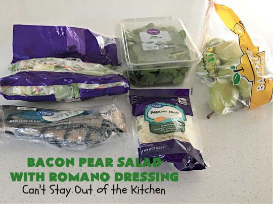 Bacon Pear Salad with Romano Dressing | Can't Stay Out of the Kitchen - this elegant & delicious #salad includes fresh #pears, #bacon & #PepperJackCheese. The #SaladDressing includes #HoneyMustard along with #RomanoCheese. This is a terrific #SideDish for company or #holiday dinners as regular family dinners. One bite and you'll want so much more! #GlutenFree #BaconPearSaladWithRomanoDressing