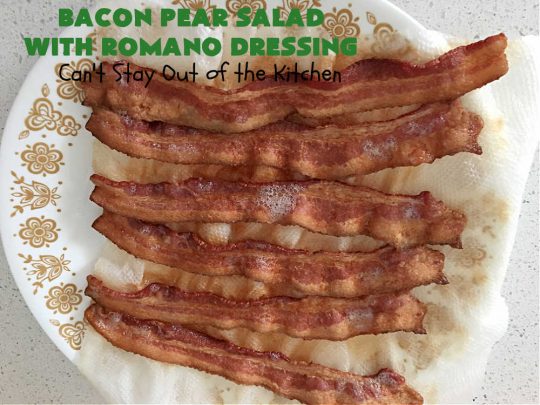 Bacon Pear Salad with Romano Dressing | Can't Stay Out of the Kitchen - this elegant & delicious #salad includes fresh #pears, #bacon & #PepperJackCheese. The #SaladDressing includes #HoneyMustard along with #RomanoCheese. This is a terrific #SideDish for company or #holiday dinners as regular family dinners. One bite and you'll want so much more! #GlutenFree #BaconPearSaladWithRomanoDressing