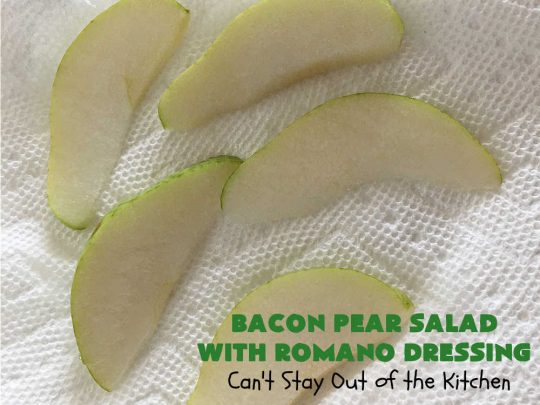 Bacon Pear Salad with Romano Dressing | Can't Stay Out of the Kitchen - this elegant & delicious #salad includes fresh #pears, #bacon & #PepperJackCheese. The #SaladDressing includes #HoneyMustard along with #RomanoCheese. This is a terrific #SideDish for company or #holiday dinners as regular family dinners. One bite and you'll want so much more! #GlutenFree #BaconPearSaladWithRomanoDressingBacon Pear Salad with Romano Dressing | Can't Stay Out of the Kitchen - this elegant & delicious #salad includes fresh #pears, #bacon & #PepperJackCheese. The #SaladDressing includes #HoneyMustard along with #RomanoCheese. This is a terrific #SideDish for company or #holiday dinners as regular family dinners. One bite and you'll want so much more! #GlutenFree #BaconPearSaladWithRomanoDressing