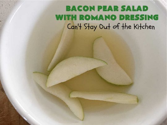 Bacon Pear Salad with Romano Dressing | Can't Stay Out of the Kitchen - this elegant & delicious #salad includes fresh #pears, #bacon & #PepperJackCheese. The #SaladDressing includes #HoneyMustard along with #RomanoCheese. This is a terrific #SideDish for company or #holiday dinners as regular family dinners. One bite and you'll want so much more! #GlutenFree #BaconPearSaladWithRomanoDressing