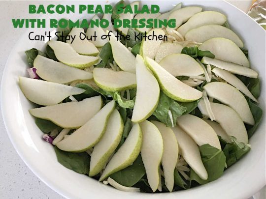 Bacon Pear Salad with Romano Dressing | Can't Stay Out of the Kitchen - this elegant & delicious #salad includes fresh #pears, #bacon & #PepperJackCheese. The #SaladDressing includes #HoneyMustard along with #RomanoCheese. This is a terrific #SideDish for company or #holiday dinners as regular family dinners. One bite and you'll want so much more! #GlutenFree #BaconPearSaladWithRomanoDressing
