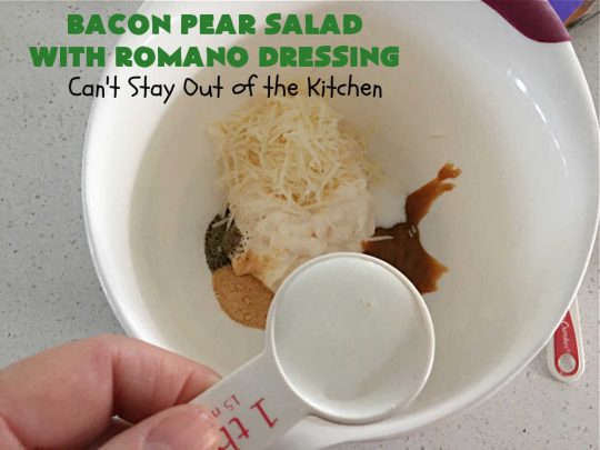 Bacon Pear Salad with Romano Dressing | Can't Stay Out of the Kitchen - this elegant & delicious #salad includes fresh #pears, #bacon & #PepperJackCheese. The #SaladDressing includes #HoneyMustard along with #RomanoCheese. This is a terrific #SideDish for company or #holiday dinners as regular family dinners. One bite and you'll want so much more! #GlutenFree #BaconPearSaladWithRomanoDressing