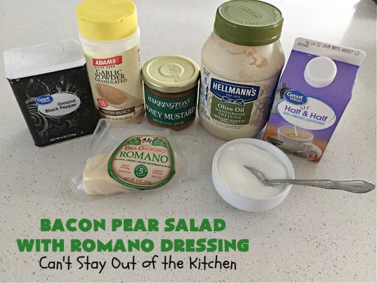 Bacon Pear Salad with Romano Dressing | Can't Stay Out of the Kitchen - this elegant & delicious #salad includes fresh #pears, #bacon & #PepperJackCheese. The #SaladDressing includes #HoneyMustard along with #RomanoCheese. This is a terrific #SideDish for company or #holiday dinners as regular family dinners. One bite and you'll want so much more! #GlutenFree #BaconPearSaladWithRomanoDressing