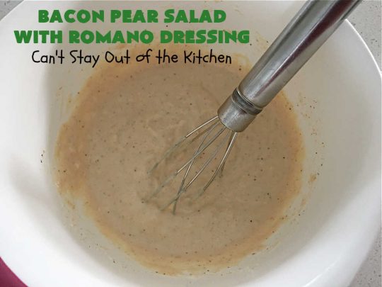 Bacon Pear Salad with Romano Dressing | Can't Stay Out of the Kitchen - this elegant & delicious #salad includes fresh #pears, #bacon & #PepperJackCheese. The #SaladDressing includes #HoneyMustard along with #RomanoCheese. This is a terrific #SideDish for company or #holiday dinners as regular family dinners. One bite and you'll want so much more! #GlutenFree #BaconPearSaladWithRomanoDressing