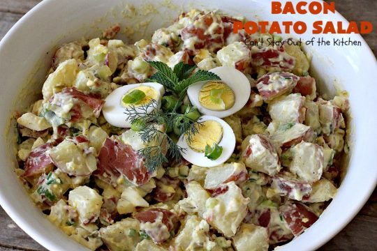 Bacon Potato Salad | Can't Stay Out of the Kitchen | you'll be salivating after the first bite of this amazing #potatosalad. #Bacon makes everything better! Perfect for summer #holidays like #FourthofJuly & #LaborDay. It's also great for potlucks & backyard #barbecues. #glutenfree #bacon #salad