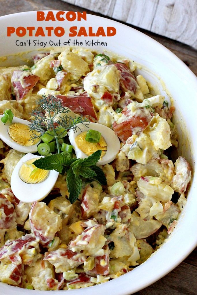 Bacon Potato Salad | Can't Stay Out of the Kitchen | you'll be salivating after the first bite of this amazing #potatosalad. #Bacon makes everything better! Perfect for summer #holidays like #FourthofJuly & #LaborDay. It's also great for potlucks & backyard #barbecues. #glutenfree #bacon #salad