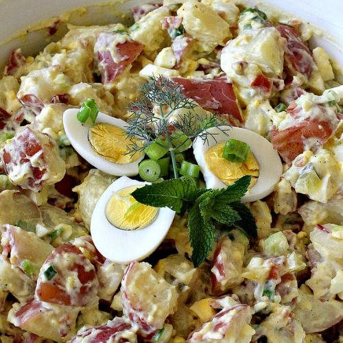Bacon Potato Salad | Can't Stay Out of the Kitchen | you'll be salivating after the first bite of this amazing #potatosalad. #Bacon makes everything better! Perfect for summer #holidays like #FourthofJuly & #LaborDay. It's also great for potlucks & backyard #barbecues. #glutenfree #bacon #salad