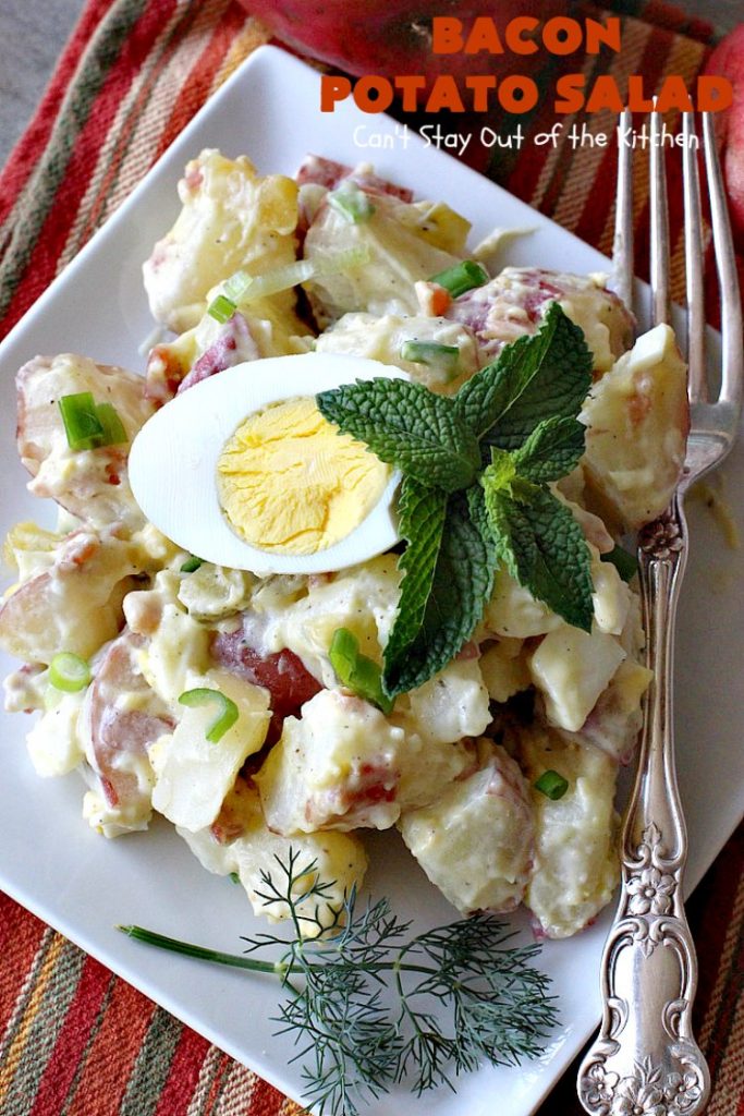 Bacon Potato Salad | Can't Stay Out of the Kitchen | you'll be salivating after the first bite of this amazing #potatosalad. #Bacon makes everything better! Perfect for summer #holidays like #FourthofJuly & #LaborDay. It's also great for potlucks & backyard #barbecues. #glutenfree #bacon #salad