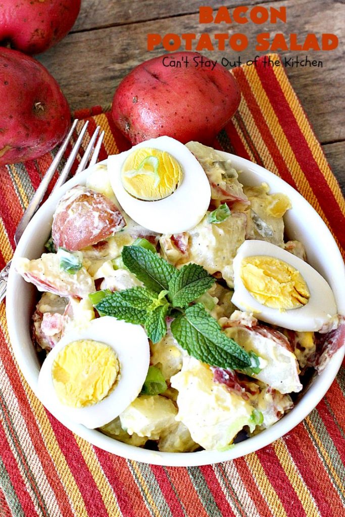 Bacon Potato Salad | Can't Stay Out of the Kitchen | you'll be salivating after the first bite of this amazing #potatosalad. #Bacon makes everything better! Perfect for summer #holidays like #FourthofJuly & #LaborDay. It's also great for potlucks & backyard #barbecues. #glutenfree #bacon #salad