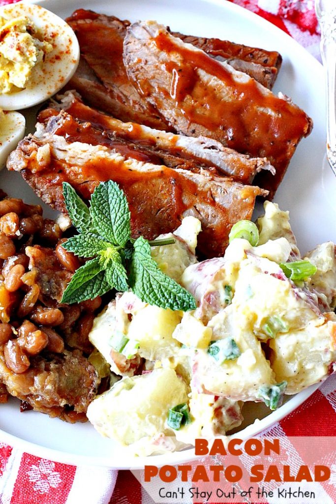 Bacon Potato Salad | Can't Stay Out of the Kitchen | you'll be salivating after the first bite of this amazing #potatosalad. #Bacon makes everything better! Perfect for summer #holidays like #FourthofJuly & #LaborDay. It's also great for potlucks & backyard #barbecues. #glutenfree #bacon #salad