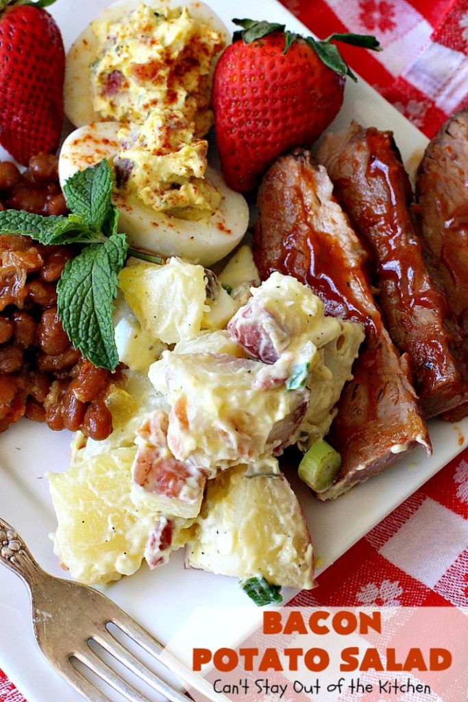 Bacon Potato Salad | Can't Stay Out of the Kitchen | you'll be salivating after the first bite of this amazing #potatosalad. #Bacon makes everything better! Perfect for summer #holidays like #FourthofJuly & #LaborDay. It's also great for potlucks & backyard #barbecues. #glutenfree #bacon #salad