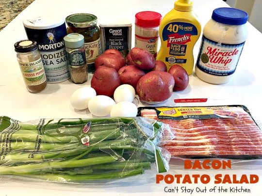 Bacon Potato Salad | Can't Stay Out of the Kitchen | you'll be salivating after the first bite of this amazing #potatosalad. #Bacon makes everything better! Perfect for summer #holidays like #FourthofJuly & #LaborDay. It's also great for potlucks & backyard #barbecues. #glutenfree #bacon #salad