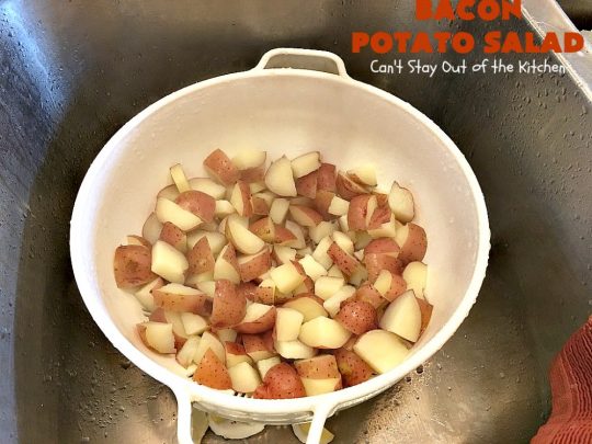 Bacon Potato Salad | Can't Stay Out of the Kitchen | you'll be salivating after the first bite of this amazing #potatosalad. #Bacon makes everything better! Perfect for summer #holidays like #FourthofJuly & #LaborDay. It's also great for potlucks & backyard #barbecues. #glutenfree #bacon #salad