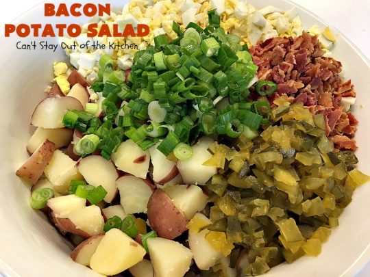 Bacon Potato Salad | Can't Stay Out of the Kitchen | you'll be salivating after the first bite of this amazing #potatosalad. #Bacon makes everything better! Perfect for summer #holidays like #FourthofJuly & #LaborDay. It's also great for potlucks & backyard #barbecues. #glutenfree #bacon #salad