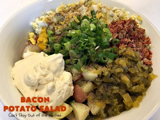 Bacon Potato Salad | Can't Stay Out of the Kitchen | you'll be salivating after the first bite of this amazing #potatosalad. #Bacon makes everything better! Perfect for summer #holidays like #FourthofJuly & #LaborDay. It's also great for potlucks & backyard #barbecues. #glutenfree #bacon #salad