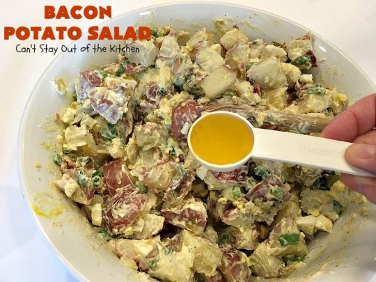 Bacon Potato Salad | Can't Stay Out of the Kitchen | you'll be salivating after the first bite of this amazing #potatosalad. #Bacon makes everything better! Perfect for summer #holidays like #FourthofJuly & #LaborDay. It's also great for potlucks & backyard #barbecues. #glutenfree #bacon #salad
