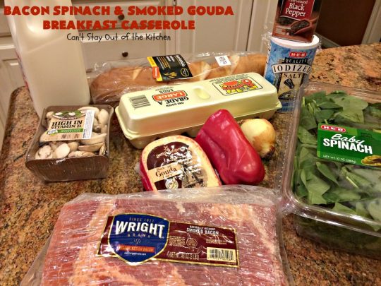 Bacon Spinach and Smoked Gouda Breakfast Casserole | Can't Stay Out of the Kitchen | this fantastic #breakfast #casserole is the best ever! It's made with toasted #FrenchBread cubes, #spinach, #bacon, #mushrooms & #GoudaCheese. It's perfect for a #holiday #breakfast like #Christmas or #NewYearsDay. So easy since it's prepared the day before! #cheese #pork #HolidayBreakfast #HolidayCasserole #ChristmasBreakfast #NewYearsDayBreakfast #BreakfastCasserole