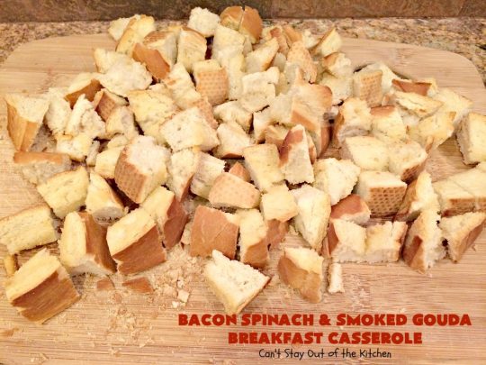 Bacon Spinach and Smoked Gouda Breakfast Casserole | Can't Stay Out of the Kitchen | this fantastic #breakfast #casserole is the best ever! It's made with toasted #FrenchBread cubes, #spinach, #bacon, #mushrooms & #GoudaCheese. It's perfect for a #holiday #breakfast like #Christmas or #NewYearsDay. So easy since it's prepared the day before! #cheese #pork #HolidayBreakfast #HolidayCasserole #ChristmasBreakfast #NewYearsDayBreakfast #BreakfastCasserole