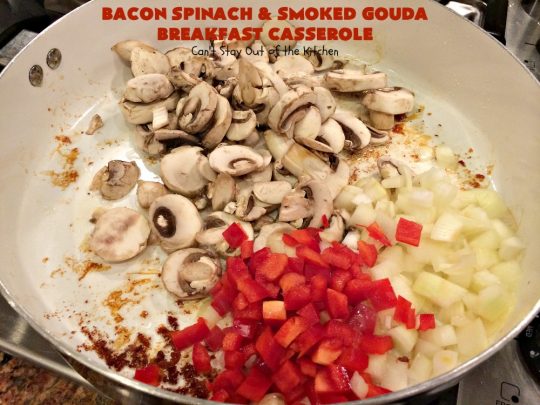 Bacon Spinach and Smoked Gouda Breakfast Casserole | Can't Stay Out of the Kitchen | this fantastic #breakfast #casserole is the best ever! It's made with toasted #FrenchBread cubes, #spinach, #bacon, #mushrooms & #GoudaCheese. It's perfect for a #holiday #breakfast like #Christmas or #NewYearsDay. So easy since it's prepared the day before! #cheese #pork #HolidayBreakfast #HolidayCasserole #ChristmasBreakfast #NewYearsDayBreakfast #BreakfastCasserole