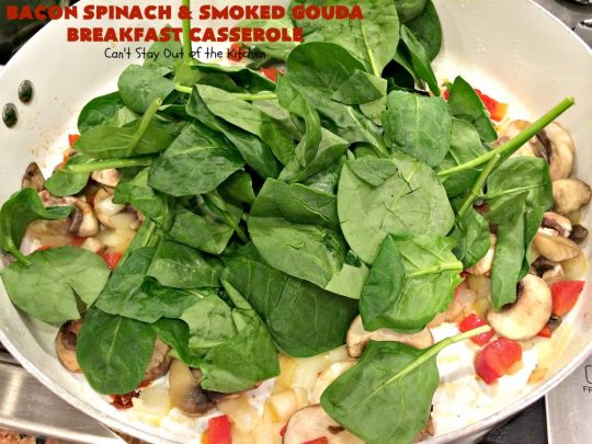 Bacon Spinach and Smoked Gouda Breakfast Casserole | Can't Stay Out of the Kitchen | this fantastic #breakfast #casserole is the best ever! It's made with toasted #FrenchBread cubes, #spinach, #bacon, #mushrooms & #GoudaCheese. It's perfect for a #holiday #breakfast like #Christmas or #NewYearsDay. So easy since it's prepared the day before! #cheese #pork #HolidayBreakfast #HolidayCasserole #ChristmasBreakfast #NewYearsDayBreakfast #BreakfastCasserole