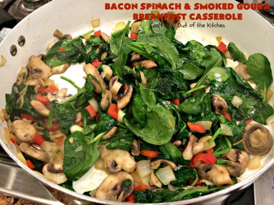 Bacon Spinach and Smoked Gouda Breakfast Casserole | Can't Stay Out of the Kitchen | this fantastic #breakfast #casserole is the best ever! It's made with toasted #FrenchBread cubes, #spinach, #bacon, #mushrooms & #GoudaCheese. It's perfect for a #holiday #breakfast like #Christmas or #NewYearsDay. So easy since it's prepared the day before! #cheese #pork #HolidayBreakfast #HolidayCasserole #ChristmasBreakfast #NewYearsDayBreakfast #BreakfastCasserole