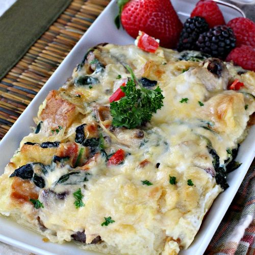 Bacon Spinach and Smoked Gouda Breakfast Casserole | Can't Stay Out of the Kitchen | this fantastic #breakfast #casserole is the best ever! It's made with toasted #FrenchBread cubes, #spinach, #bacon, #mushrooms & #GoudaCheese. It's perfect for a #holiday #breakfast like #Christmas or #NewYearsDay. So easy since it's prepared the day before! #cheese #pork #HolidayBreakfast #HolidayCasserole #ChristmasBreakfast #NewYearsDayBreakfast #BreakfastCasserole