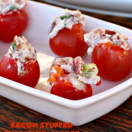 Bacon Stuffed Cherry Tomatoes | Can't Stay Out of the Kitchen | this 5-ingredient #appetizer is one of our favorites. Guests always rave over #tomatoes stuffed with #bacon! They're perfect for #tailgating parties, potlucks or the #SuperBowl. #pork #HolidayAppetizer #SuperBowlAppetizer #StuffedTomatoes #GlutenFree #GlutenFreeAppetizer #CherryTomatoes