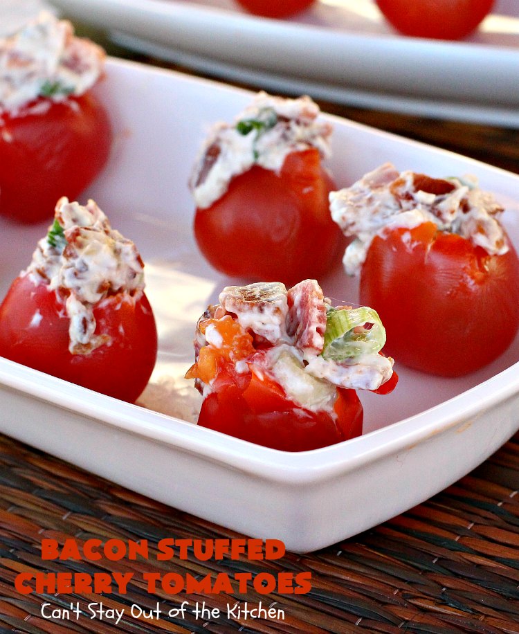 Bacon Stuffed Cherry Tomatoes | Can't Stay Out of the Kitchen | this 5-ingredient #appetizer is one of our favorites. Guests always rave over #tomatoes stuffed with #bacon! They're perfect for #tailgating parties, potlucks or the #SuperBowl. #pork #HolidayAppetizer #SuperBowlAppetizer #StuffedTomatoes #GlutenFree #GlutenFreeAppetizer #CherryTomatoes